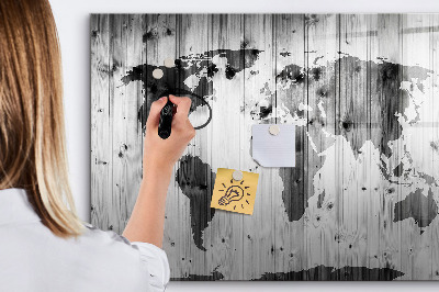 Dry erase magnetic board World map on wood