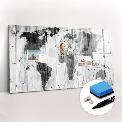 Dry erase magnetic board World map on wood