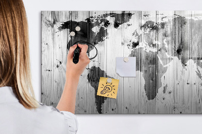 Dry erase magnetic board World map on wood