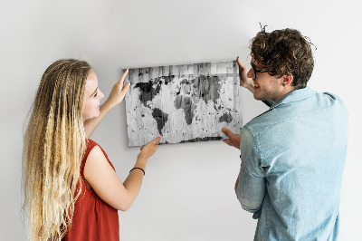 Dry erase magnetic board World map on wood