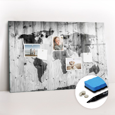 Dry erase magnetic board World map on wood