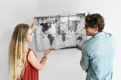 Dry erase magnetic board World map on wood