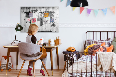 Dry erase magnetic board World map on wood