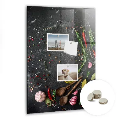 Magnetic glass dry erase board with spice composition print