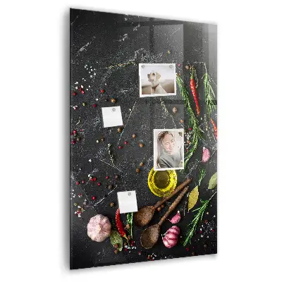 Magnetic glass dry erase board with spice composition print