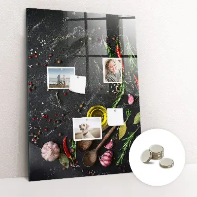 Magnetic glass dry erase board with spice composition print