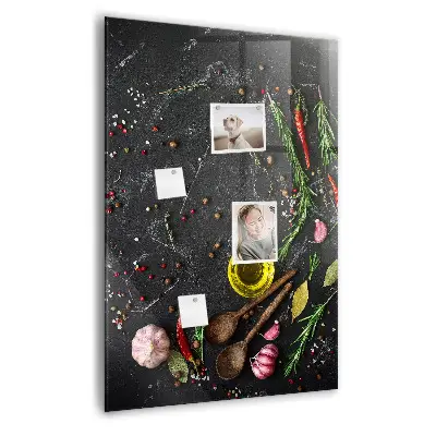 Magnetic glass dry erase board with spice composition print